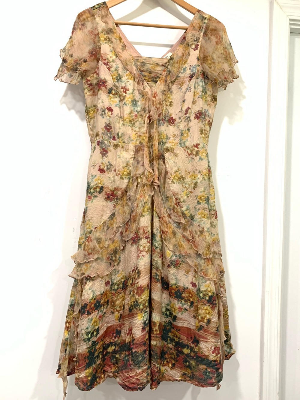 Sundance Watercolor Print Silk Chiffon Ruffle Dress size 6 US Boho